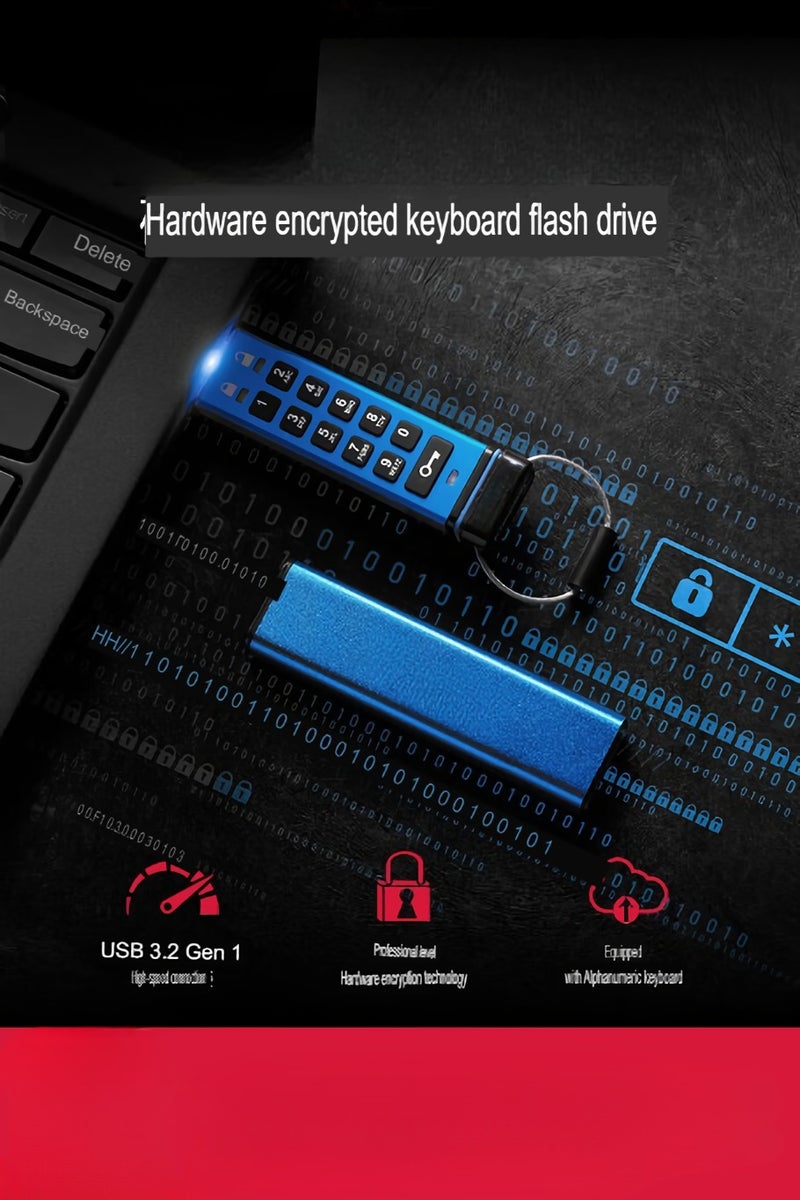 Keypad USB, Hardware Encryption USB Flash Drive, Metal Shell Durable Data Storage Drive, Portable USB Pen Drive For Laptops And Computers, (1pc, Blue, 64GB) - Image 4