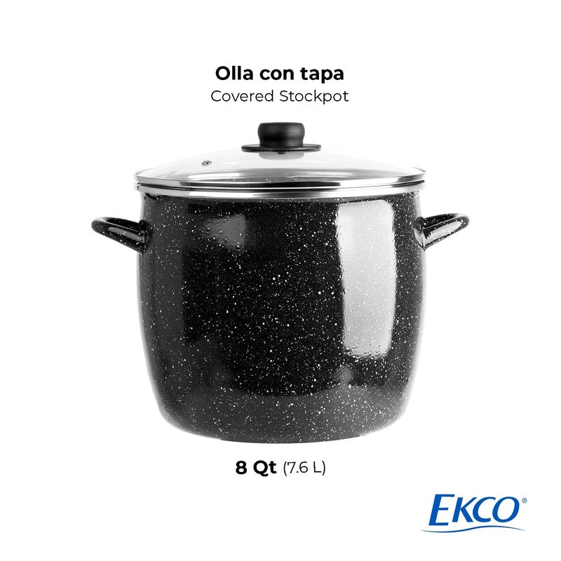 EKCO EOS 8-Quart Speckled Stockpot with Glass Lid (Black) Soup Pot for All Ranges, Dishwasher & Oven Safe up to 350Â°F - Non-Reactive Enameled Interior Pot for Gumbo, Stew, Boil, Pasta, Chili - Image 2
