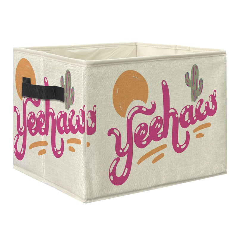 Knibeo Pink 90s Style Yeehaw Western Fabric Storage Bins for Shelves Closet Sunset Sun Cactus Cowgirl Collapsible Cube Baskets Organizer for Clothes Books Toys - Image 2
