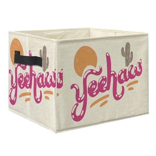 Knibeo Pink 90s Style Yeehaw Western Fabric Storage Bins for Shelves Closet Sunset Sun Cactus Cowgirl Collapsible Cube Baskets Organizer for Clothes Books Toys - Image 1
