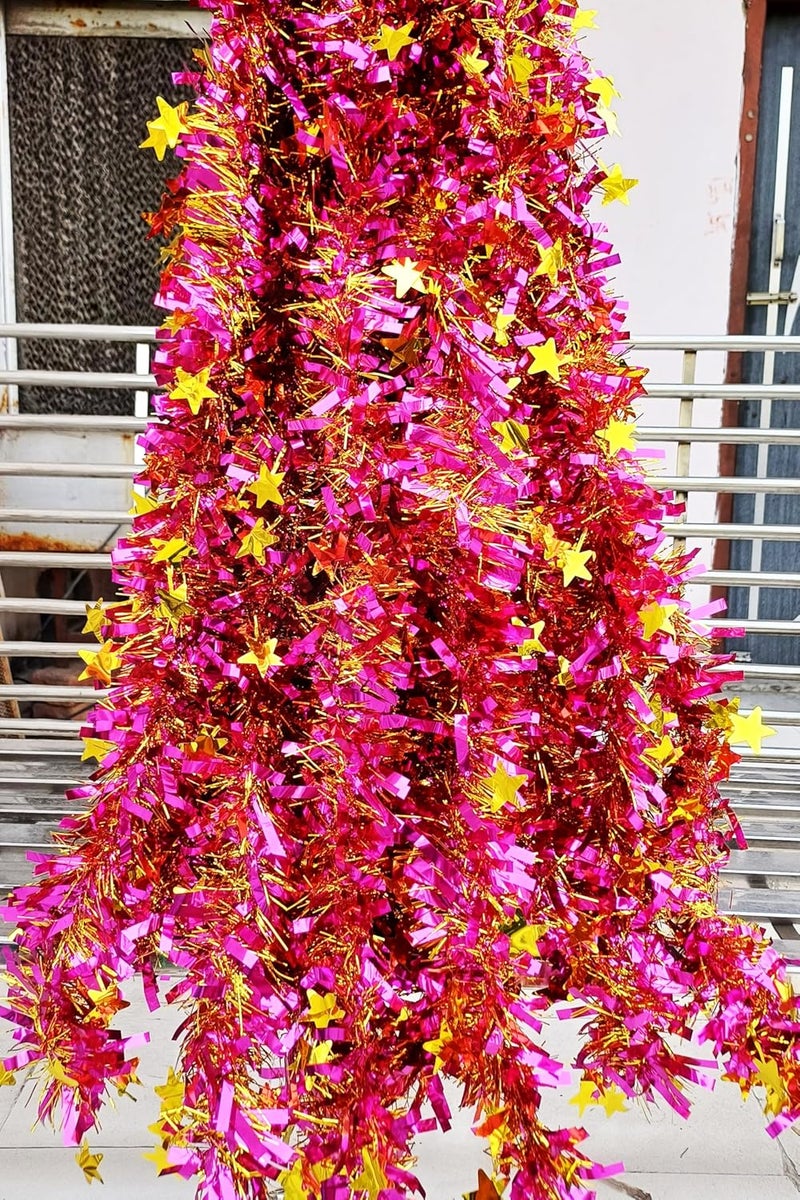 Forty Wings Forty Wings 2 Pcs Pink Golden Christmas Tinsel Garlands Strings Streamers Christmas Decoration Item Christmas Xmas Decoration Ornaments Garland Wreath Decoration Christmas New Year Decoration Props  - Image 1