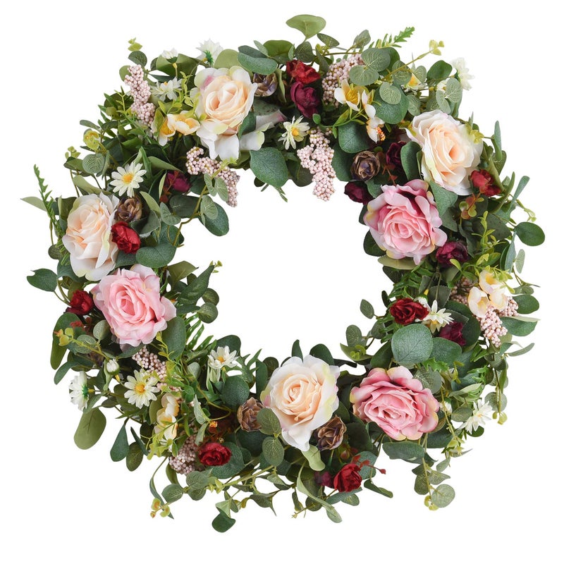 WANNA-CUL WANNACUL 24 Inch Large Spring Rose Wreaths for Front DoorSpring Front Door Wreath with Pink and Wine Red Floral Door Wreath with Eucalyptus Leaves for Wedding or IndoorOutdoor Decorations 