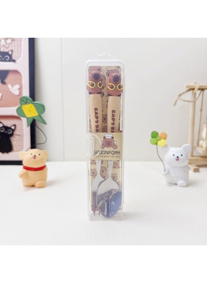 Kapibara Cartoon Children's Fork And Spoon Two-piece Set, Portable Lunchbox Cutlery For Outings