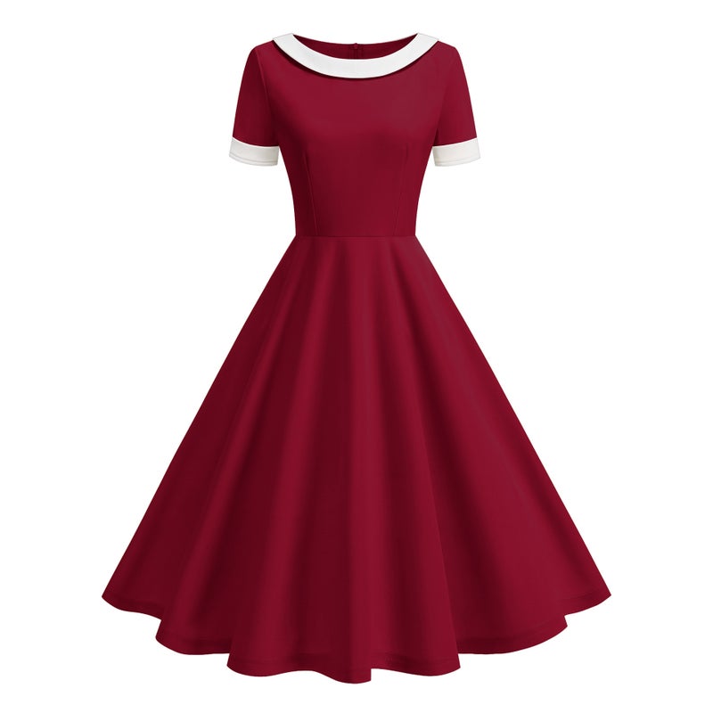 Vintage Hepburn Style Summer Short Sleeve Round Neck Solid Color Casual A-Line Dress - Image 1