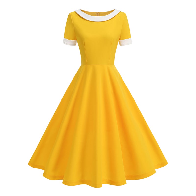 Vintage Hepburn Style Summer Short Sleeve Round Neck Solid Color Casual A-Line Dress - Image 2