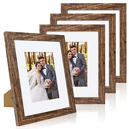 Hongkee 8x10 Picture Frame Set of 4, Made of Real Glass and Rustic Brown Wooden Frame, 8 by 10 Photo for Wall or Tabletop - Display Picture 5x7 with Mat or 8x10 Without Mat - Image 1