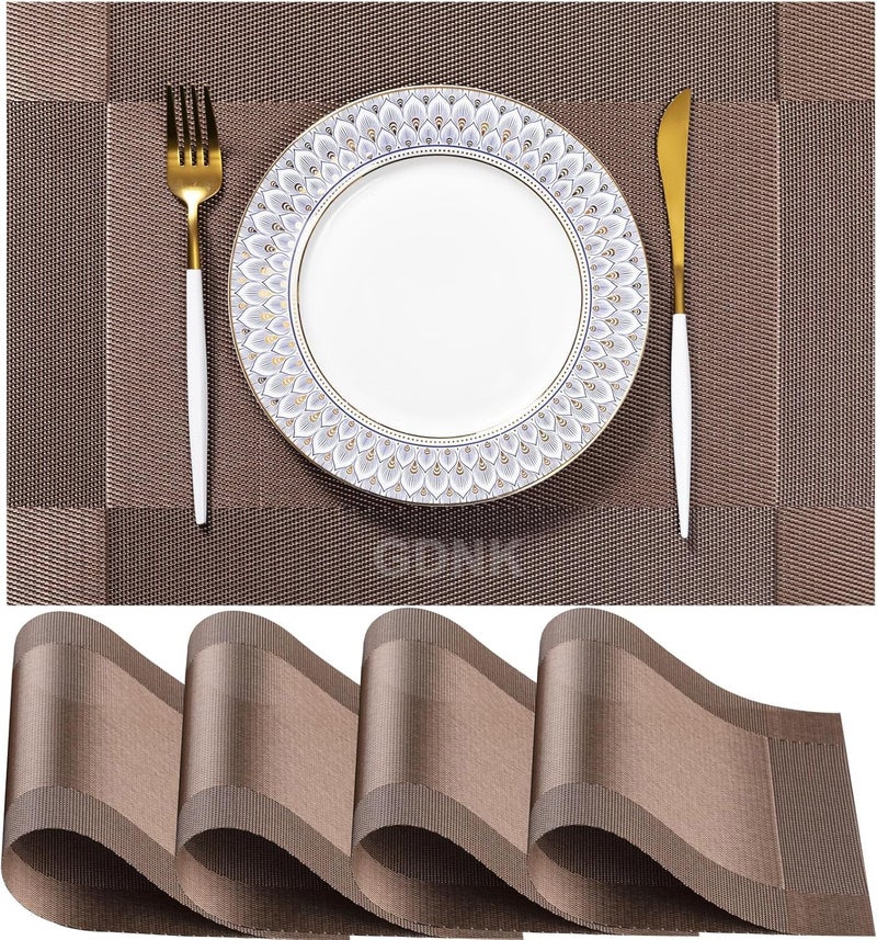 GDNK حصائر طاولة طعام قابلة للغسل من PVC مقاومة للحرارة وملونة لمطبخ وطاولة الطعام (4 قطع) (بني) - Image 1