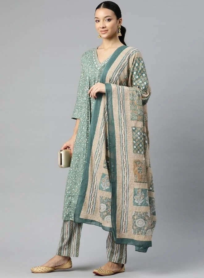Yuris  Women Sea Green Embroidered V Neck Printed Kurta Set With Bottom & Dupatta for Women | Best Price UAE