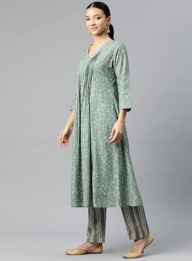 Yuris  Women Sea Green Embroidered V Neck Printed Kurta Set With Bottom & Dupatta for Women | Best Price UAE