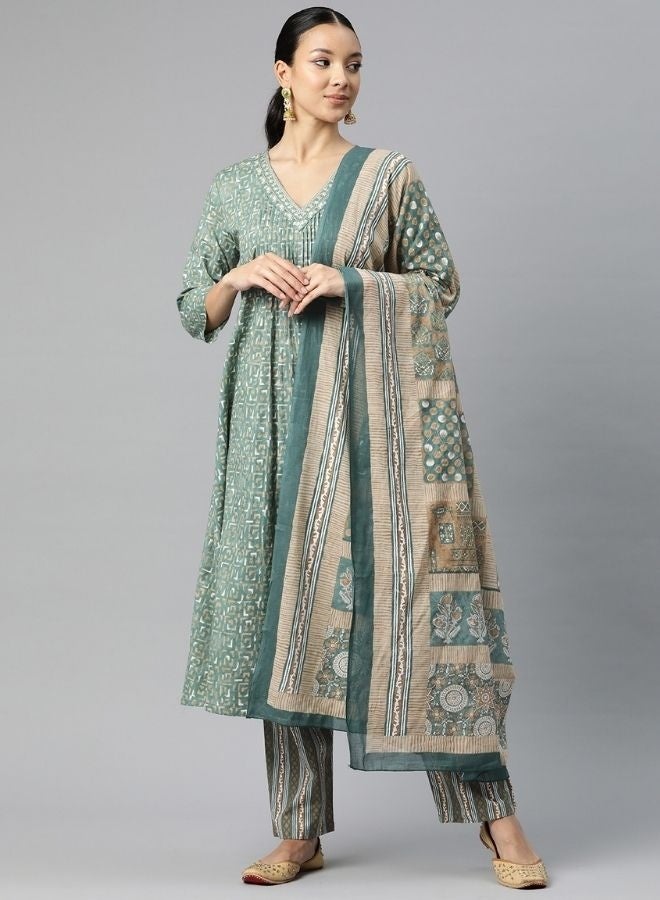 Yuris Women Sea Green Embroidered V Neck Printed Kurta Set With Bottom & Dupatta - Image 1
