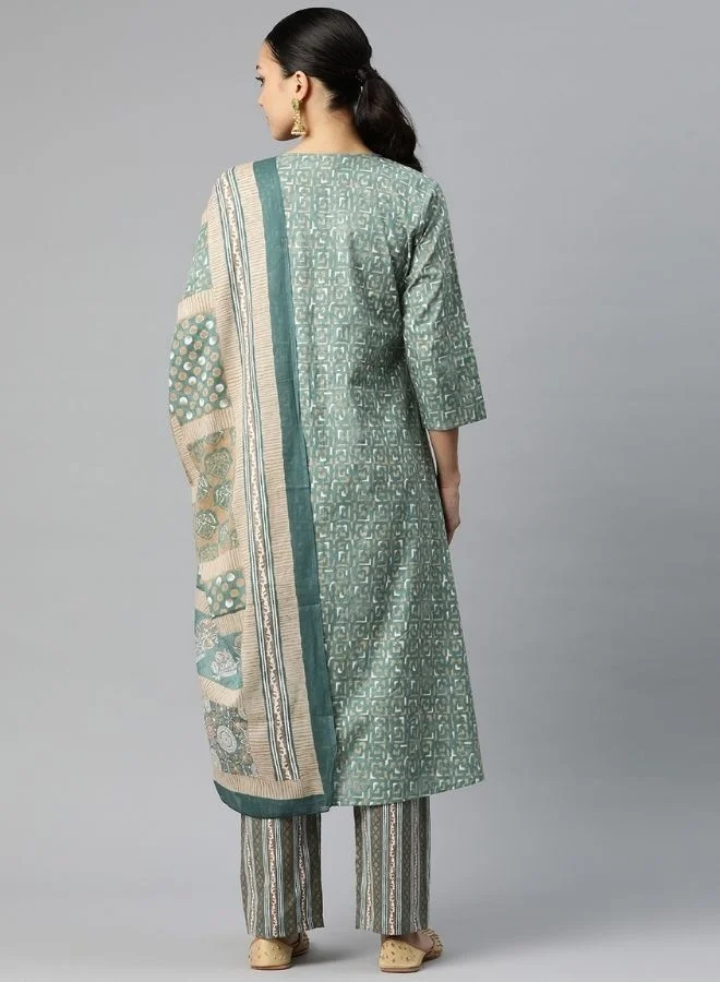 Yuris  Women Sea Green Embroidered V Neck Printed Kurta Set With Bottom & Dupatta for Women | Best Price UAE