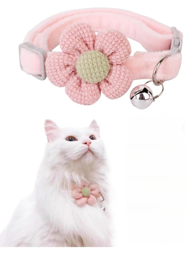 Soft Plush Breakaway Cat Collar with Hand-Knitted Flower, Adjustable Safety Kitten Collar for Sensitive Skin, Lightweight Decorative Pet Necklace with Removable Bell, Fits Neck 20-30 cm - Image 1