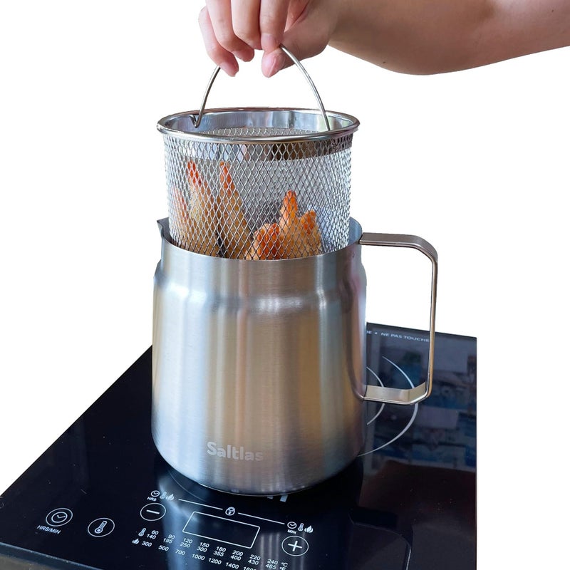 Saltlas Deep Fryer Pot with Basket and Oil Strainer 304 Stainless Steel Deep Frying Pot for French Fries Chicken or Japanese Tempura 2L 2Qt