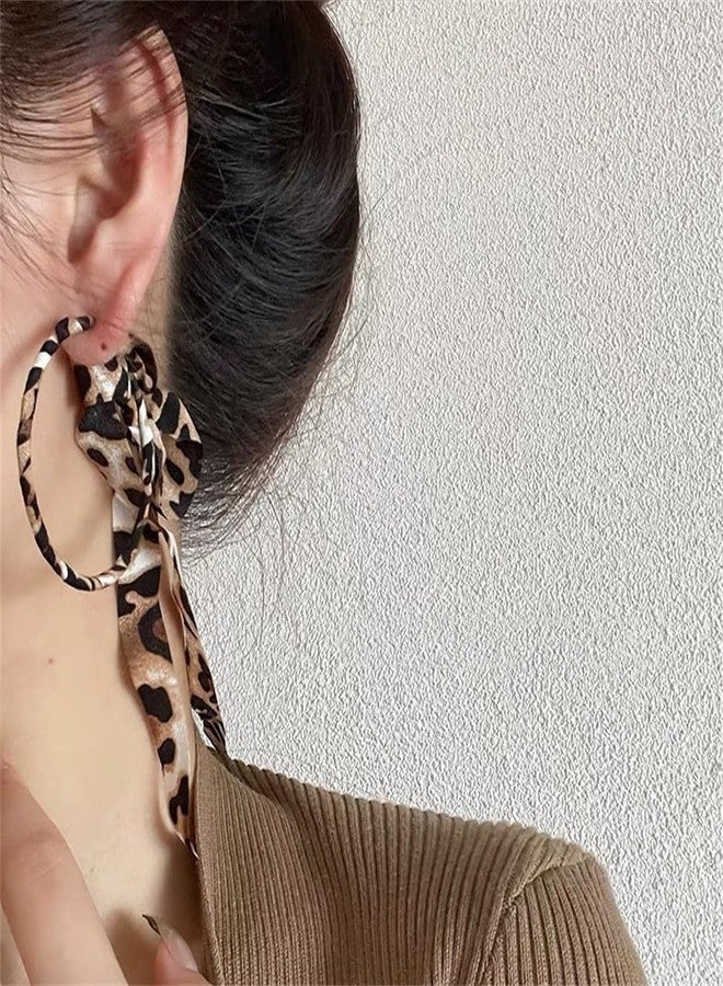 OIDIMS Fabric Half Hoop Earring for Women Sweet Delicate Cloth Bow Earrings Style Unique Long Ribbon Bowknot Tassel Dangle Drop Earrings Fashion Bohemian Lightweight Handmade Jewelry Gift (Leopard Print) - Image 2