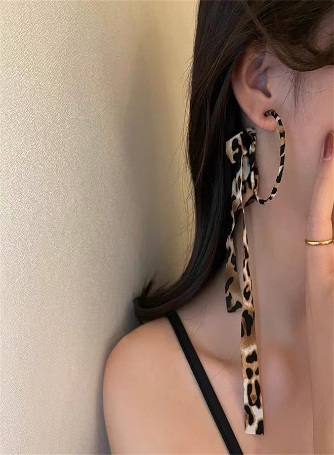 OIDIMS Fabric Half Hoop Earring for Women Sweet Delicate Cloth Bow Earrings Style Unique Long Ribbon Bowknot Tassel Dangle Drop Earrings Fashion Bohemian Lightweight Handmade Jewelry Gift (Leopard Print) - Image 3