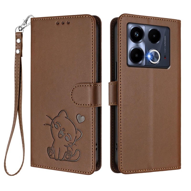 erorex For Infinix Note 40 5G Embossed  Cat Leather Phone Case with Hand Strap(Brown) - Image 2
