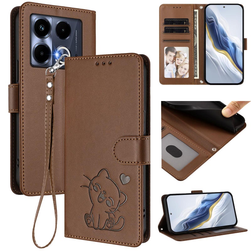 erorex For Infinix Note 40 5G Embossed  Cat Leather Phone Case with Hand Strap(Brown) - Image 1