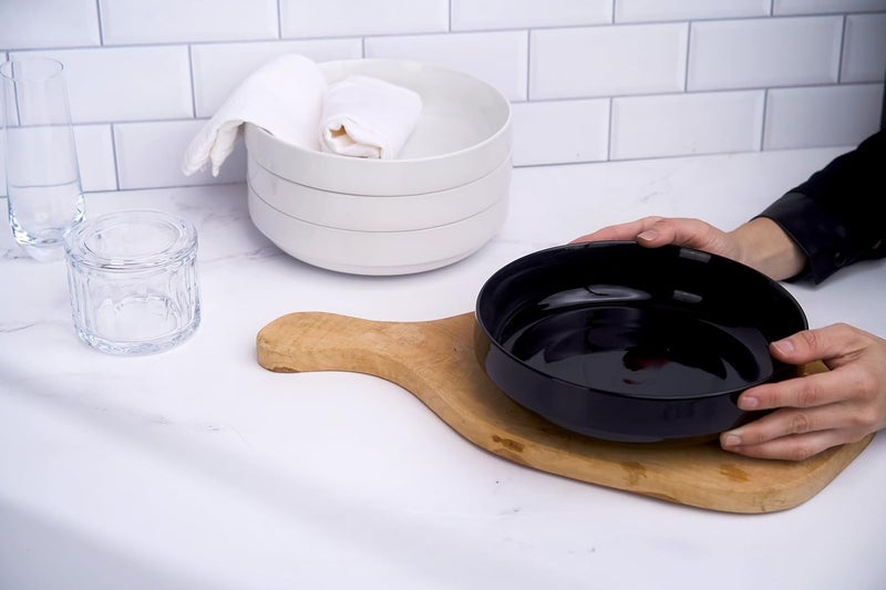 Kook وعاء باستا، طبق وعاء، وعاء منخفض، أطباق وعاء، أطباق خزفية كبيرة ضحلة، آمنة للاستخدام في الميكروويف وغسالة الصحون، رائعة للحساء والسلطات، بورسلين لامع، 47 أونصة، مجموعة من 4، أسود - Image 3