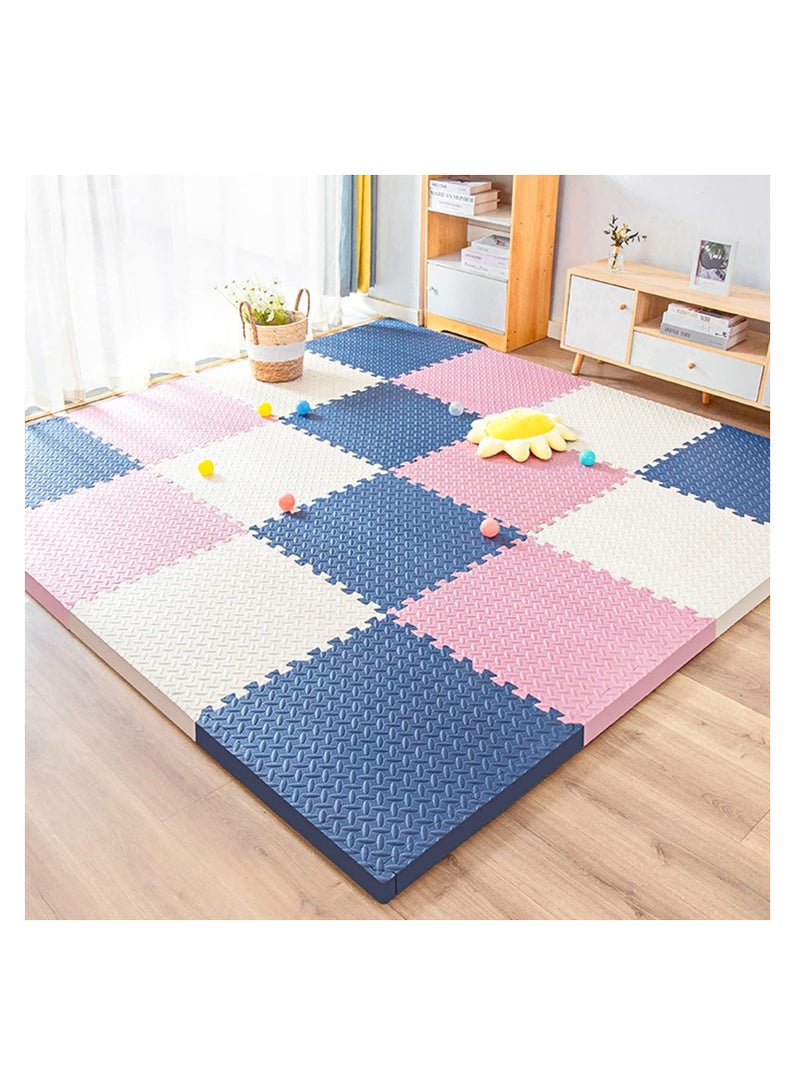 Multi Colored EVA Puzzle Mat for Kids Used in Bedroom Living Room Play Area 60x60x1.00cm 12pcs (Pink, Dark Blue and White) - Image 1