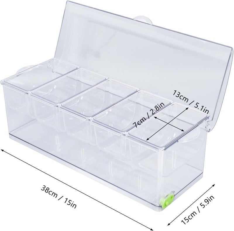 Condiment Server, Clear Plastic Ice Chilled Garnish Holder with Sealed Cover for Kitchen Serving Tray Container with Grid for Home Kitchen Use (5 Grids) - Image 3