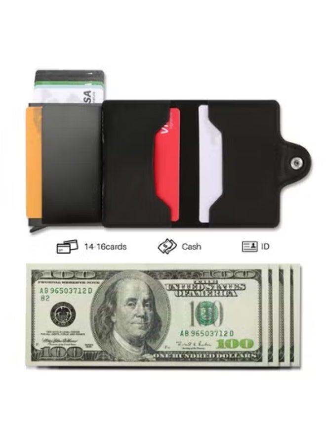 fantasize محفظة للرجال حاملة بطاقات الائتمان، محفظة تلقائية قابلة للفتح مع RFID، علبة بطاقات جلدية رفيعة لمحفظة جيب أمامية مضادة للسرقة، منظم نقود معدني يحمل حتى 14 بطاقة + نقد (أسود) - Image 5