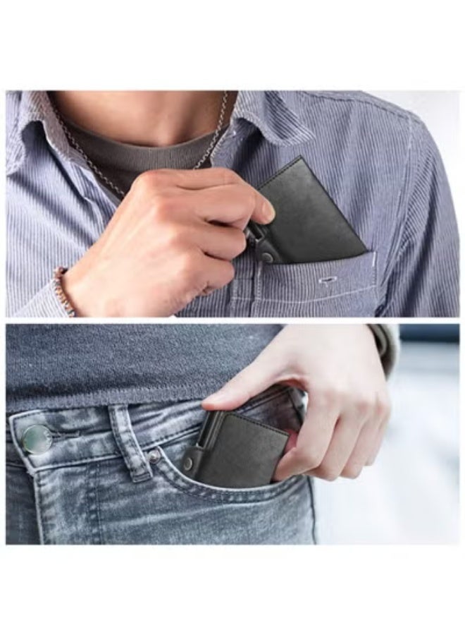 fantasize محفظة للرجال حاملة بطاقات الائتمان، محفظة تلقائية قابلة للفتح مع RFID، علبة بطاقات جلدية رفيعة لمحفظة جيب أمامية مضادة للسرقة، منظم نقود معدني يحمل حتى 14 بطاقة + نقد (أسود) - Image 4