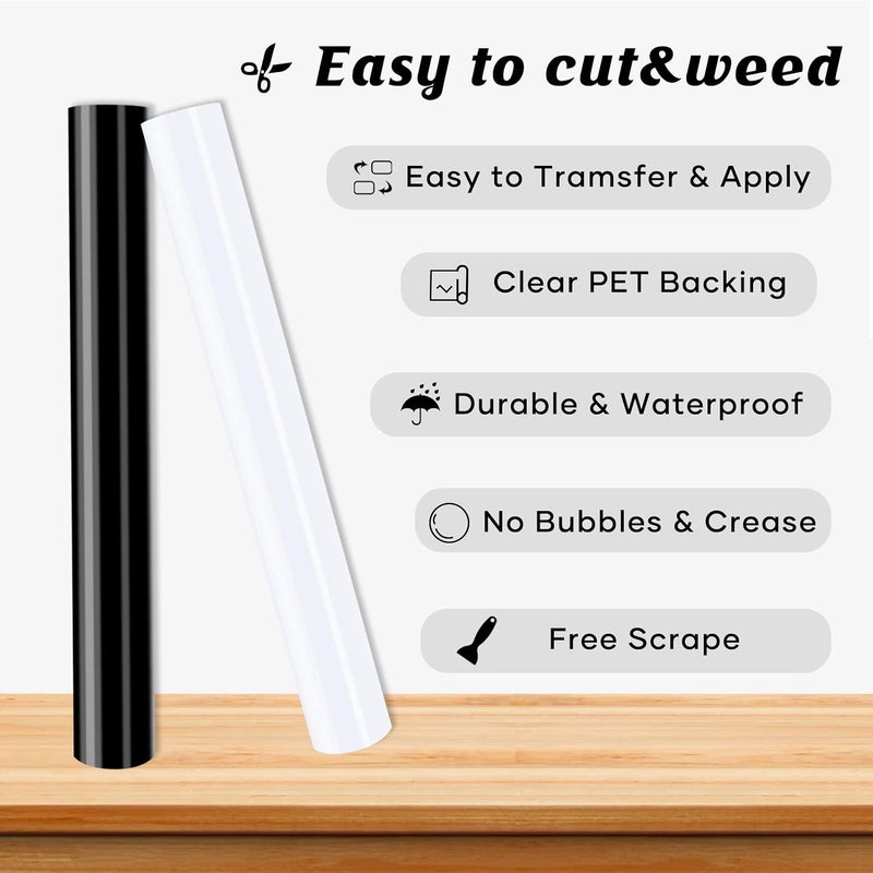 HTVRONT Permanent Vinyl Roll, 12" x 14FT Black & White Adhesive Vinyl for Cricut, Silhouette - 2 Rolls Glossy Permanent Adhesive Vinyl Easy to Weed & Transfer - Image 3