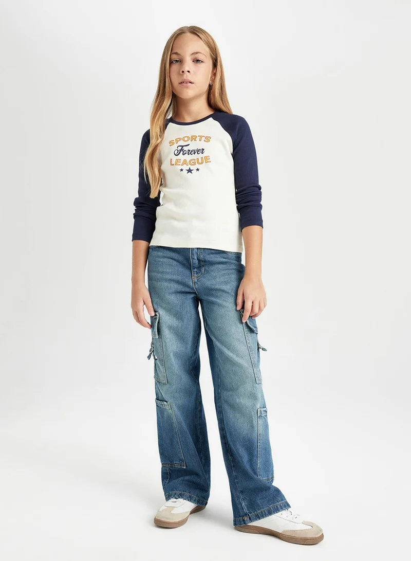 DeFacto Cropped Crew Neck Printed Ribbed Long Sleeve T-Shirt