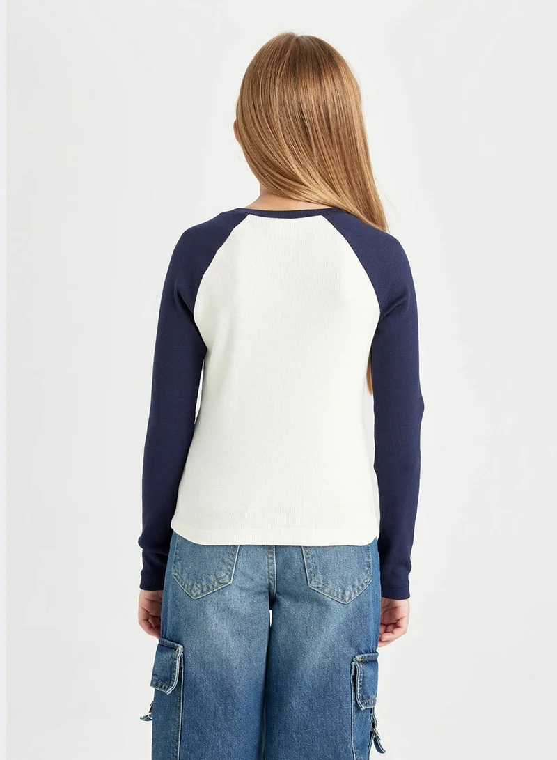 DeFacto Cropped Crew Neck Printed Ribbed Long Sleeve T-Shirt