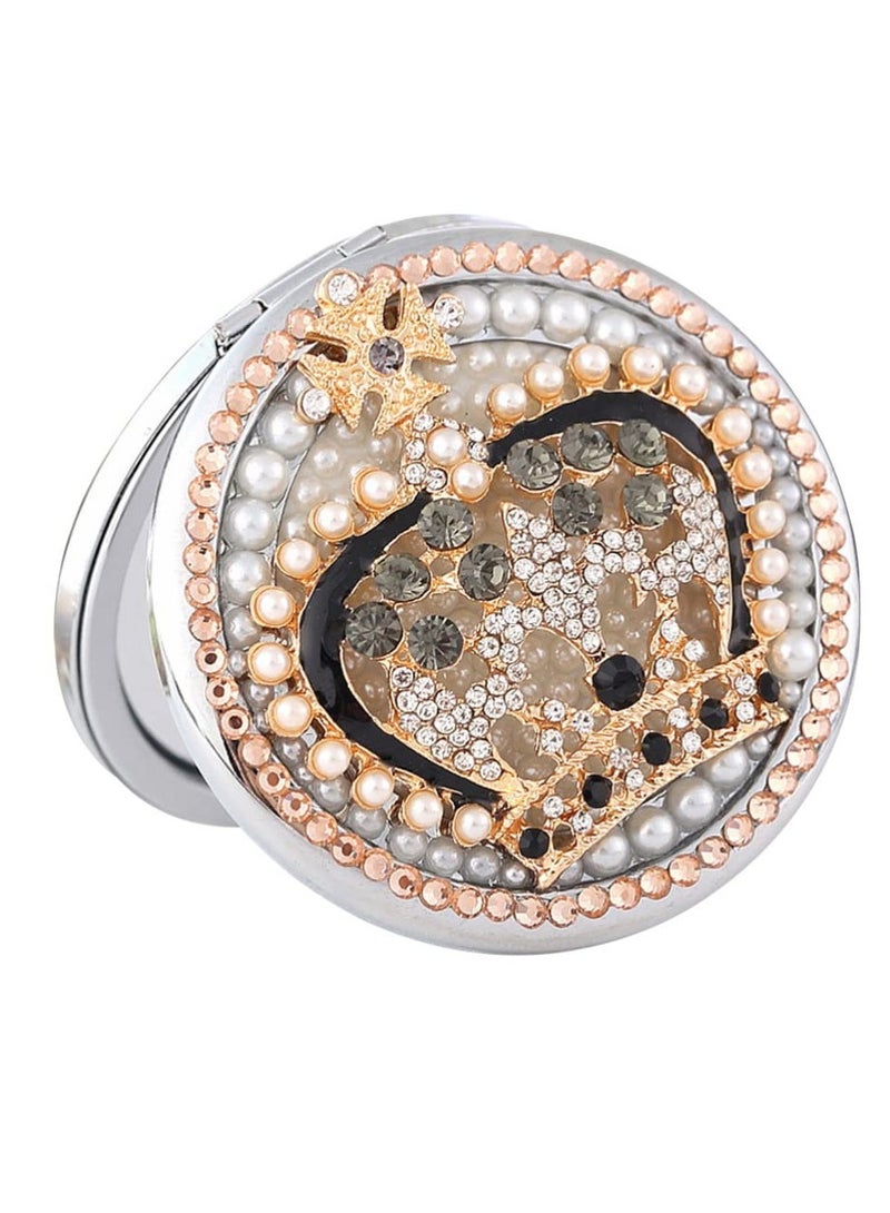 Rhinestone-Embellished Gold-Plated Folding Compact Mirror, Double-Sided Portable Makeup Mirror with Snap Closure, Perfect for Travel, School Bags, Wallets, and Ideal Gift Option. - Image 1