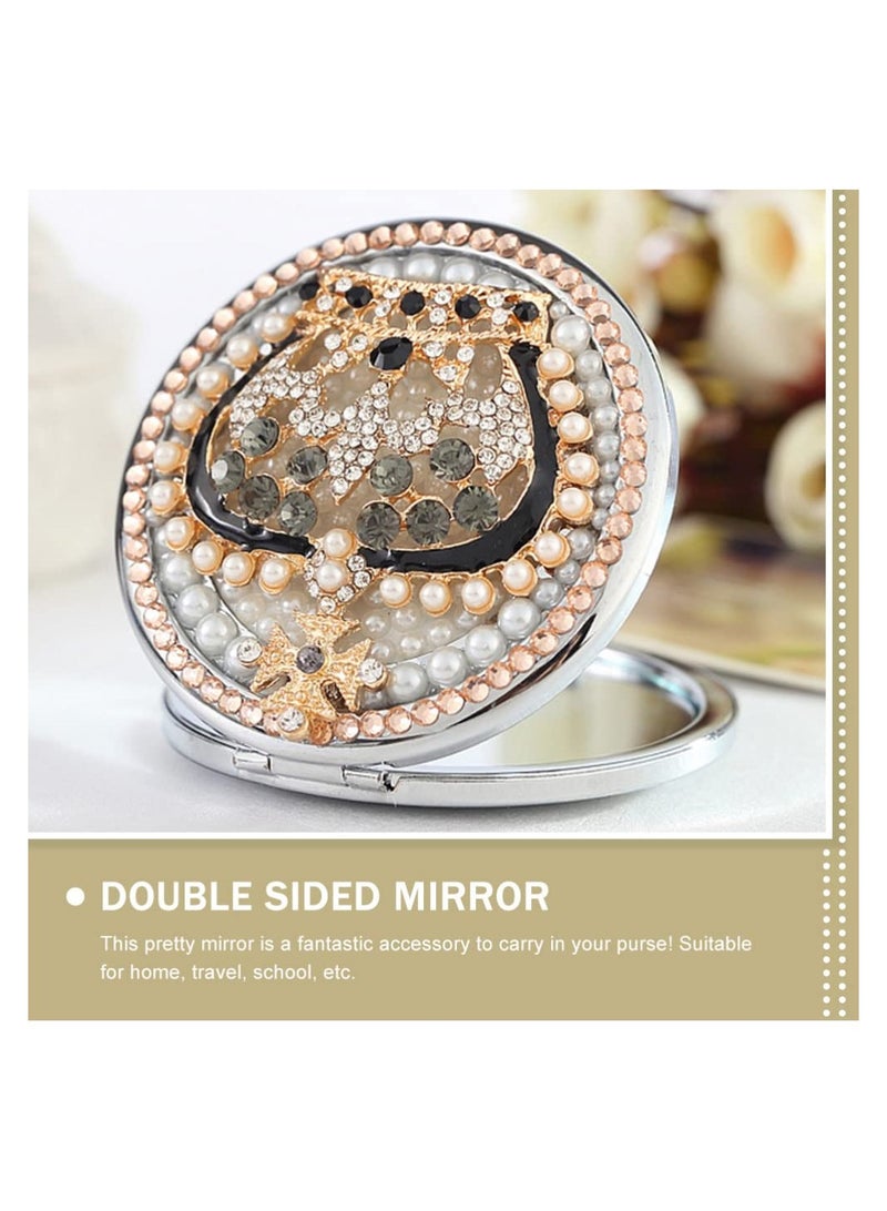Rhinestone-Embellished Gold-Plated Folding Compact Mirror, Double-Sided Portable Makeup Mirror with Snap Closure, Perfect for Travel, School Bags, Wallets, and Ideal Gift Option. - Image 3