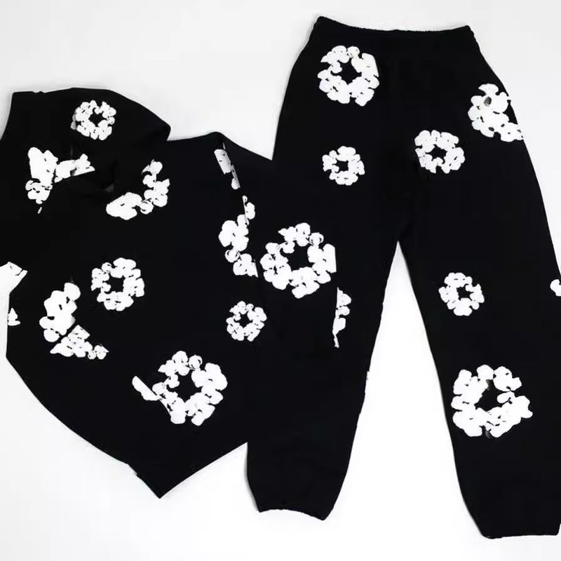2025 European and American Trendy Brand Foam Printed Loose Sweatshirt Y2K Hip-Hop Street Wear Mens and Womens Pullover Casual Tops Black suit (white garland) - Image 5
