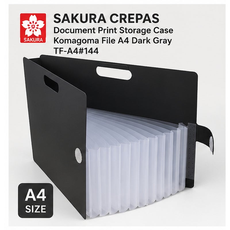 SAKURA Komagoma Accordion File Organiser TF-A4#144, A4, 13 pockets, Dark Gray, Paper & Plastic, 1 organiser for school printouts - Image 1