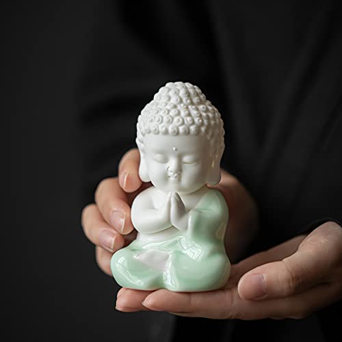 MINMEER White Baby Buddah Statue for Home Decor, Celadon Ceramic Meditating Buddha Statue, Yoga Sculptures Home décor, Small Buddha Statue 4 inch (Asian) - Image 1