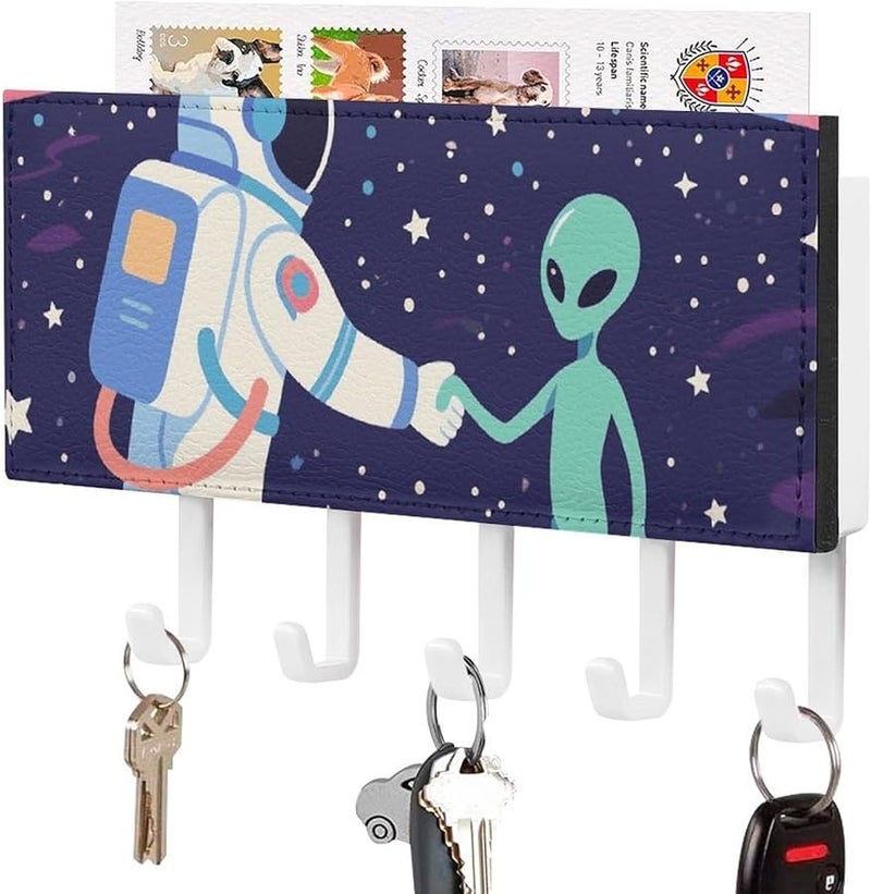 رائد الفضاء يلتقي بحامل مفاتيح الحائط الغريب مع 5 خطافات منظم مفاتيح من جلد البولي يوريثان تخزين مدخل المنزل - Image 1