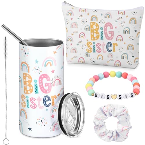 Sieral 4 Pcs Big Sister Gifts for Girls Cute Big Sister Makeup Bag 14oz Stainless Steel Tumbler Scrunchies Bracelet for Little Girls of Age 2-8 New Baby Birthday Baby Shower (Rainbow, Multicolor) - Image 1