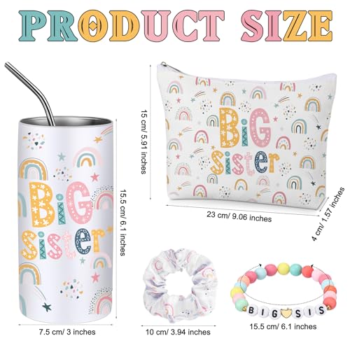 Sieral 4 Pcs Big Sister Gifts for Girls Cute Big Sister Makeup Bag 14oz Stainless Steel Tumbler Scrunchies Bracelet for Little Girls of Age 2-8 New Baby Birthday Baby Shower (Rainbow, Multicolor) - Image 2
