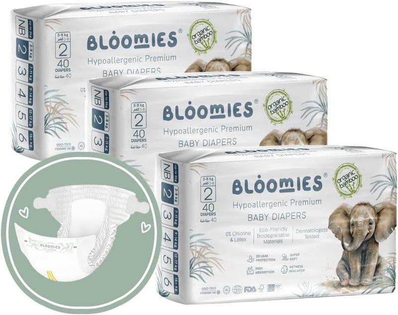 Bloomies Premium Baby Diapers Size 2,3,4, Counts 22,40,66,120, Wetness Indicator Eco-friendly and Hypoallergenic Ultra-soft Nappy Diaper Skin Friendly, Leakage Protection,100% Organic Natural Bamboo - Image 1