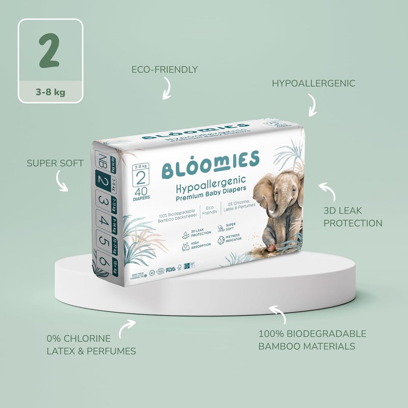 Bloomies Premium Baby Diapers Size 2,3,4, Counts 22,40,66,120, Wetness Indicator Eco-friendly and Hypoallergenic Ultra-soft Nappy Diaper Skin Friendly, Leakage Protection,100% Organic Natural Bamboo - Image 2