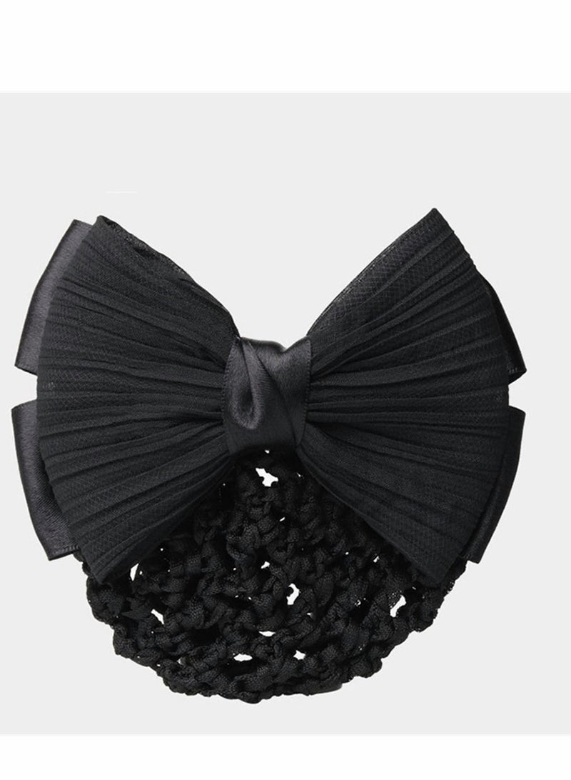 الأزرق جي دبليو Black Satin Bow Barrette Net Hair Clip Hairnet Bowknot Decor French Women Ladies Girls Accessories (1Pcs) - Image 1