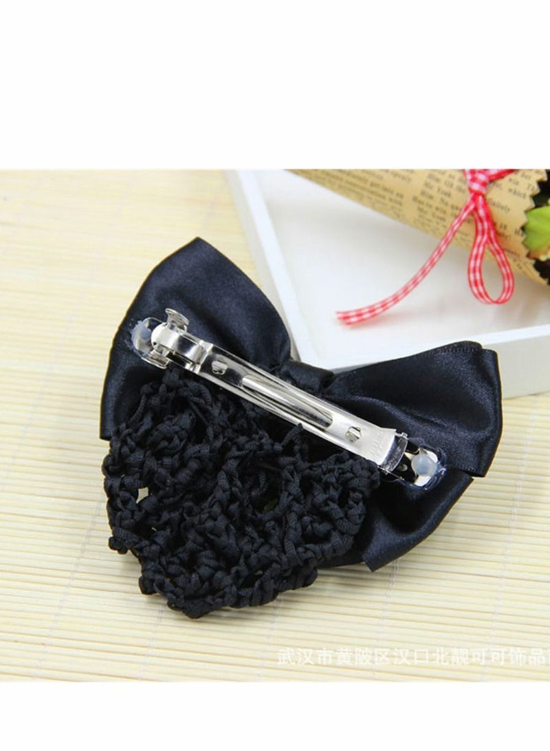 الأزرق جي دبليو Black Satin Bow Barrette Net Hair Clip Hairnet Bowknot Decor French Women Ladies Girls Accessories (1Pcs) - Image 4