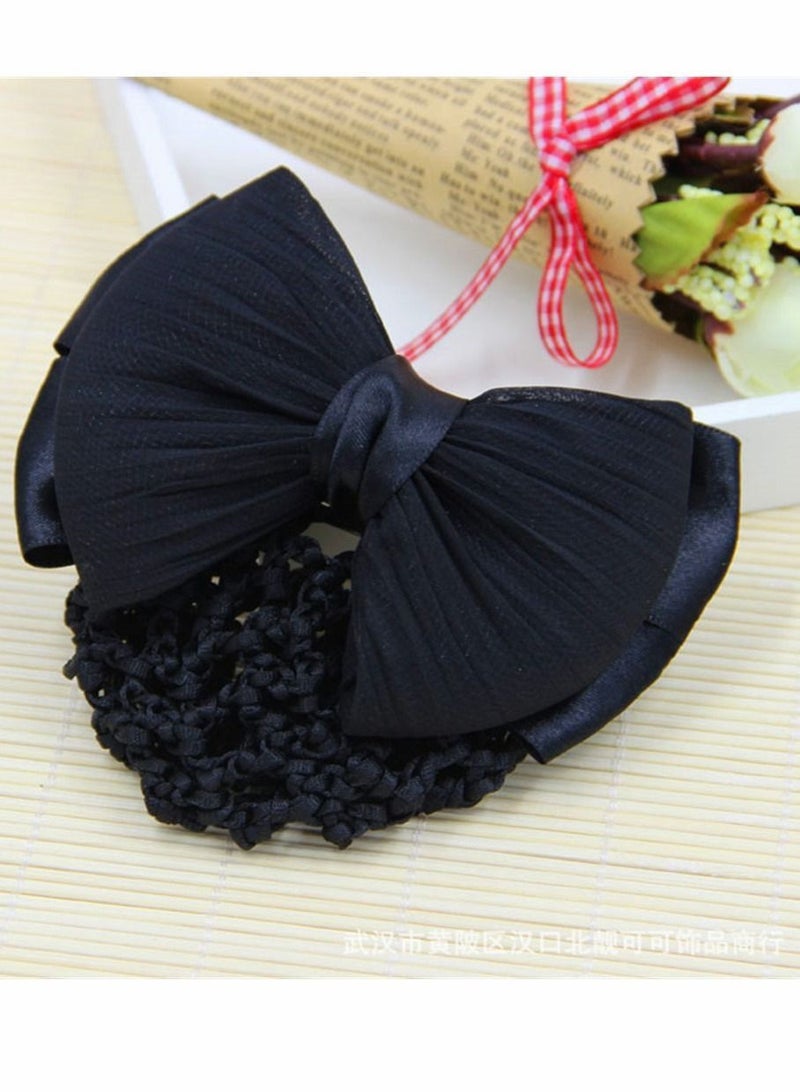 الأزرق جي دبليو Black Satin Bow Barrette Net Hair Clip Hairnet Bowknot Decor French Women Ladies Girls Accessories (1Pcs) - Image 3