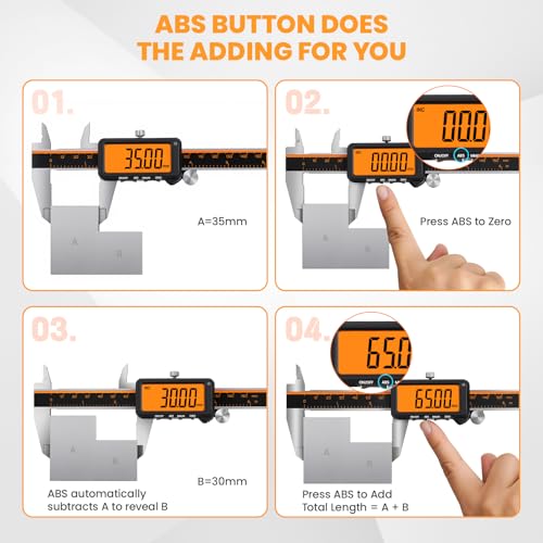 HARDELL Digital Caliper, Rechargeable Calipers with Large Orange Screen, Anti-Glare LCD & ABS Function, in/MM Caliper Measuring Tool, Stainless Steel Micrometer -Auto Off for DIY/Household (6 Inch) - Image 4