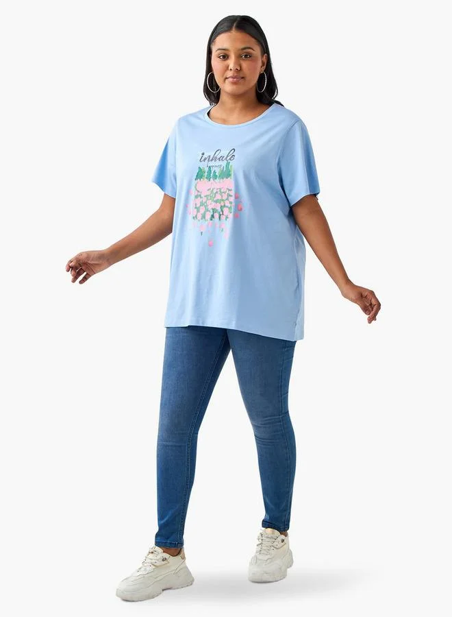 Ulla Popken Plus Size Ulla Popken Graphic Print T-shirt with Short Sleeves and Round Neck