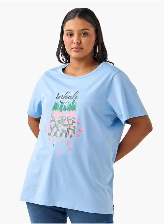 Ulla Popken Plus Size Ulla Popken Graphic Print T-shirt with Short Sleeves and Round Neck