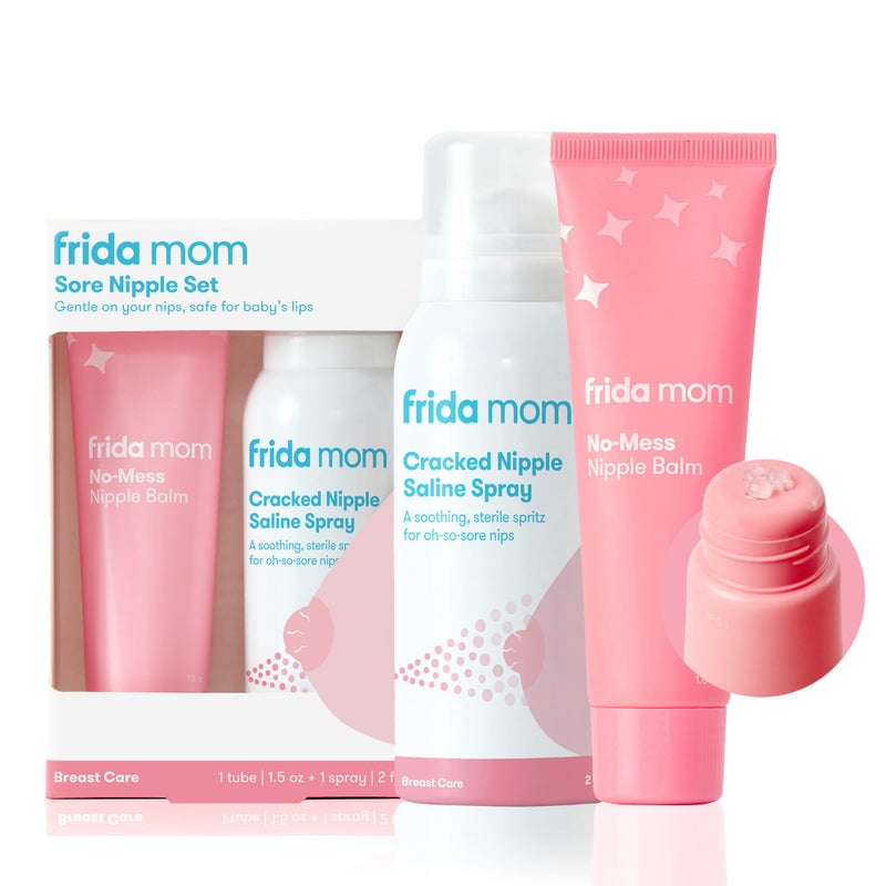 Frida Mom Nipple Cream and Saline Spray Set, Breastfeeding Essentials for New Moms, Cracked Nipple Saline Spray and No-Mess Cream, 2pc Set - Image 1