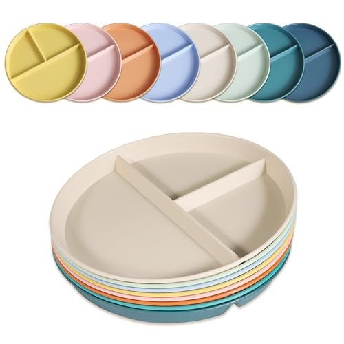 CrazyTerra Divided Plates for Adults (8 Packs), Unbreakable Portion Control Plate Sectioned with Dividers, 9 Inch Plastic Food Separator Dinner Plates Lightweight Compartment BPA Free Reusable Microwave Safe - Image 1