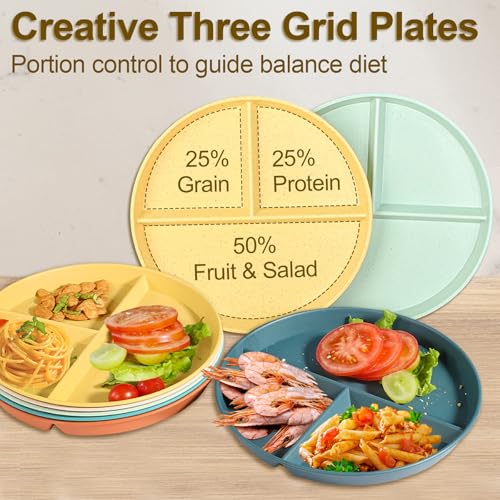 CrazyTerra Divided Plates for Adults (8 Packs), Unbreakable Portion Control Plate Sectioned with Dividers, 9 Inch Plastic Food Separator Dinner Plates Lightweight Compartment BPA Free Reusable Microwave Safe - Image 3