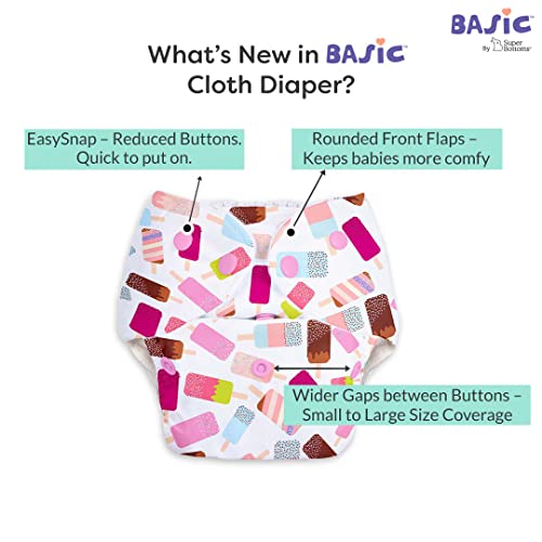 SuperBottoms BASIC EASY - Cloth Diapers+ Inserts - Freesize Adjustable and Reusable Cloth Diaper for babies 0-3 Years | With quick drying prefold style soaker-Assorted | Ice-cream - Image 2
