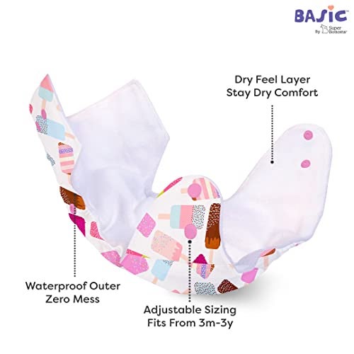 SuperBottoms BASIC EASY - Cloth Diapers+ Inserts - Freesize Adjustable and Reusable Cloth Diaper for babies 0-3 Years | With quick drying prefold style soaker-Assorted | Ice-cream - Image 5
